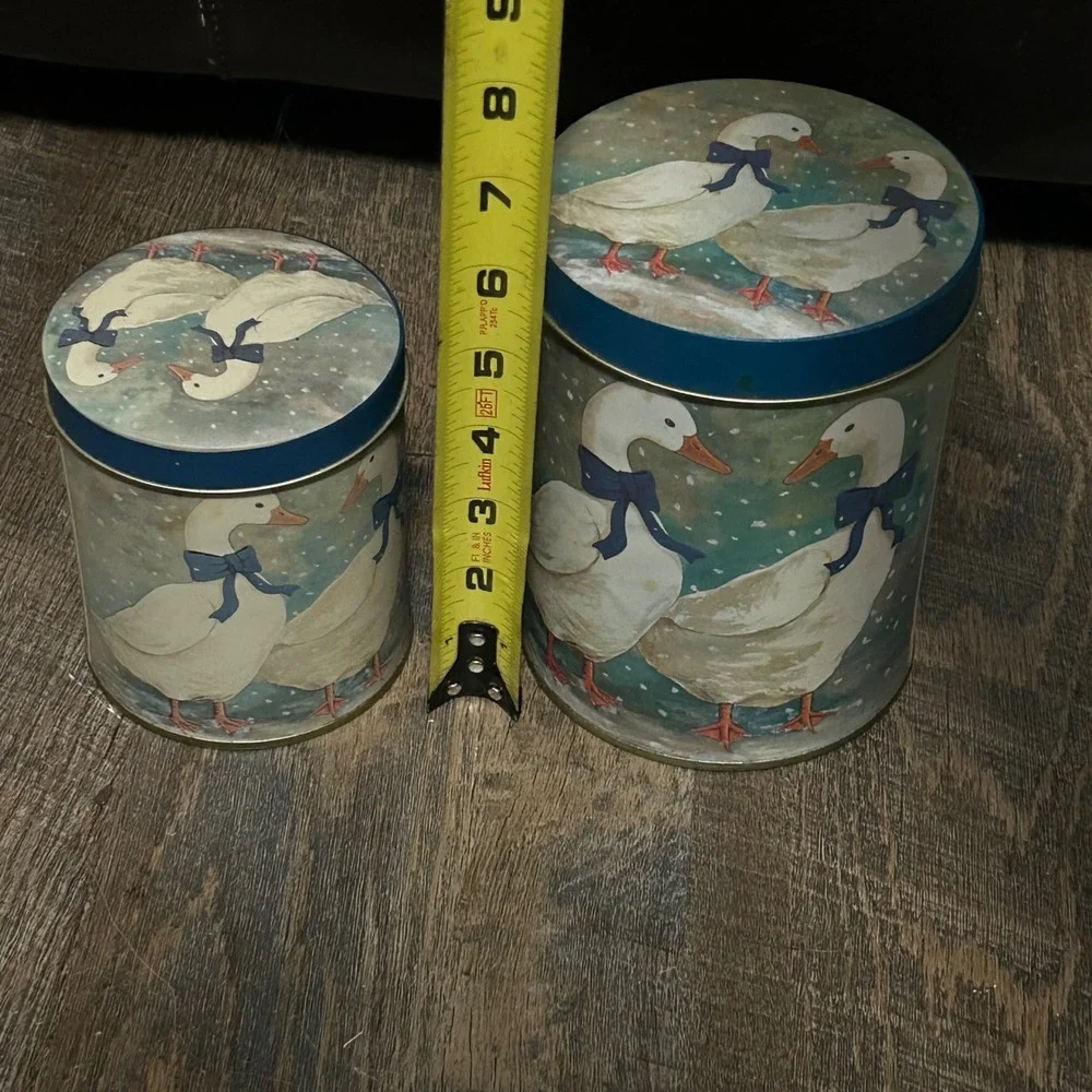 Vintage Country Goose Kitchen Set 2 Metal Tins and 1 Ceramic Trivet Blue Ribbon